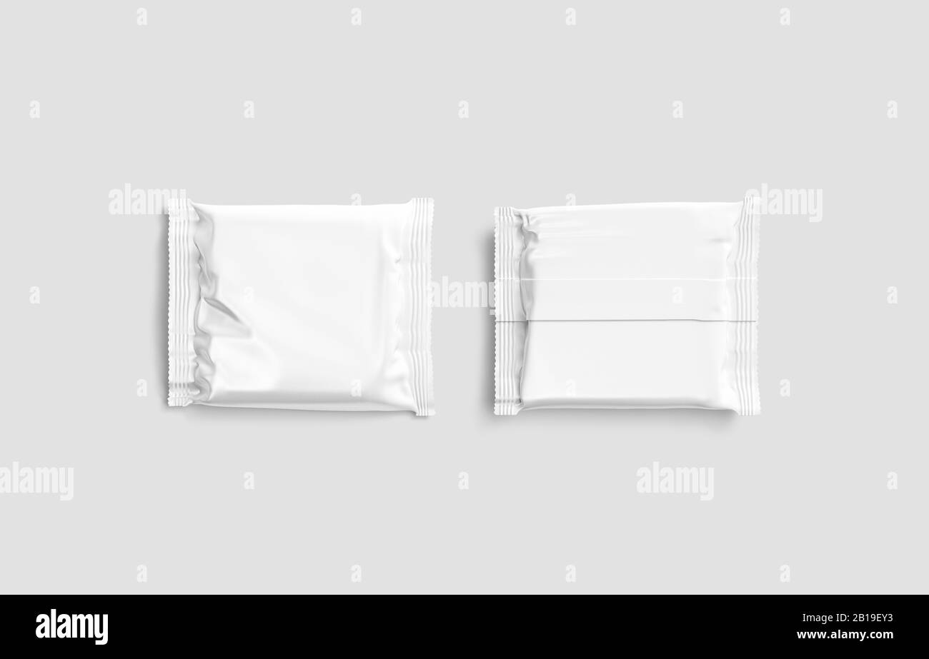 Blank white square chocolate bar foil wrap mockup, front back Stock Photo