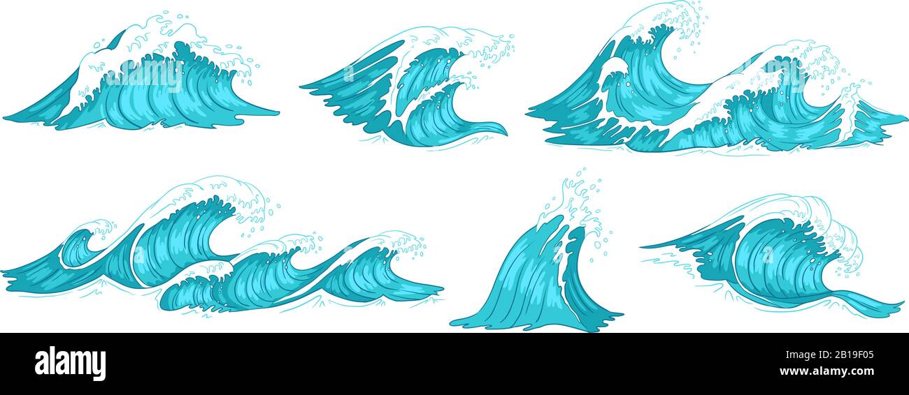 Sea wave. Vintage ocean waves, blue water tide and tidal wave hand drawn vector illustration set Stock Vector
