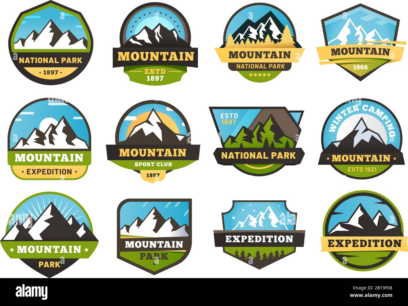 Mountain expedition emblems. Outdoors travel labels, mountains hiking sticker emblem and summer camping badges vector illustration set Stock Vector