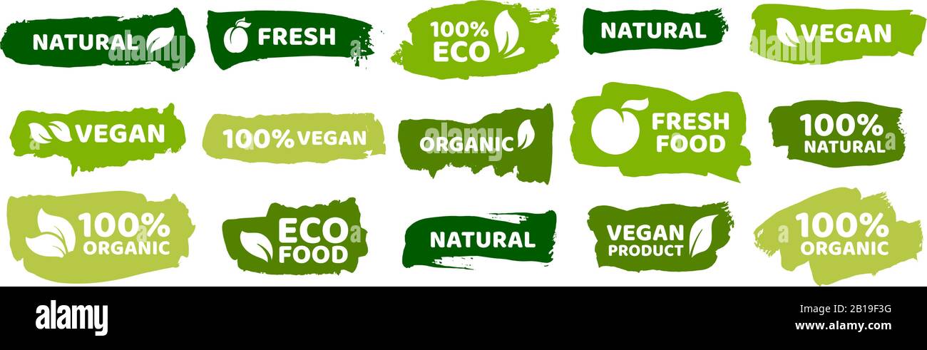 Organic food labels. Fresh eco vegetarian products, vegan label and healthy foods badges vector set Stock Vector