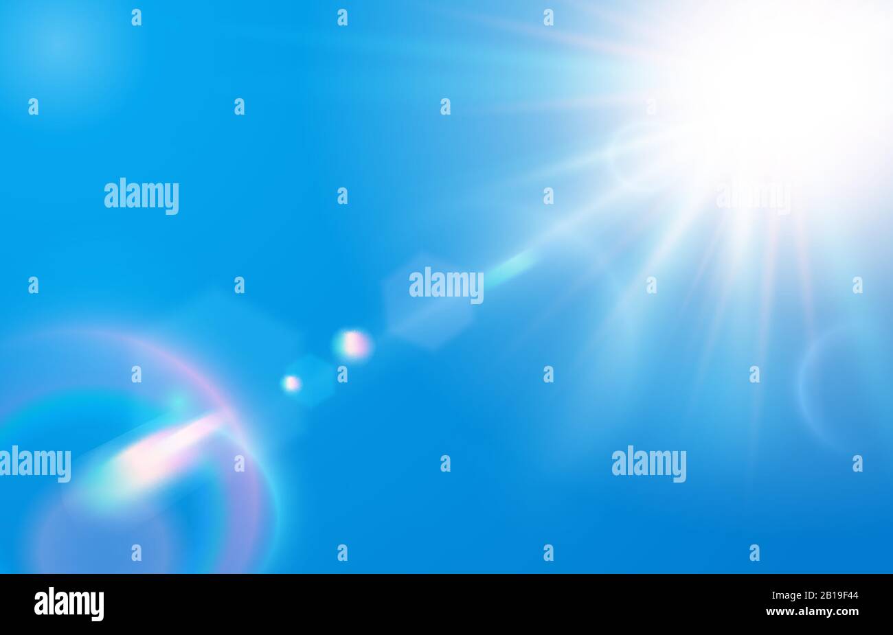 Sun in blue sky. Warm solar lens flare in clear skies, sunny day and sun light rays vector illustration Stock Vector