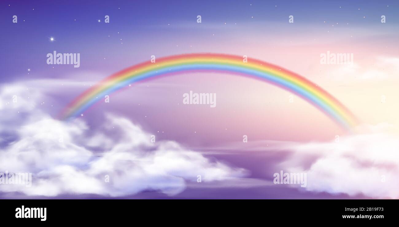 Fantasy sky rainbow. Fairy skies rainbows colors, magic landscape and dream sky vector background illustration Stock Vector