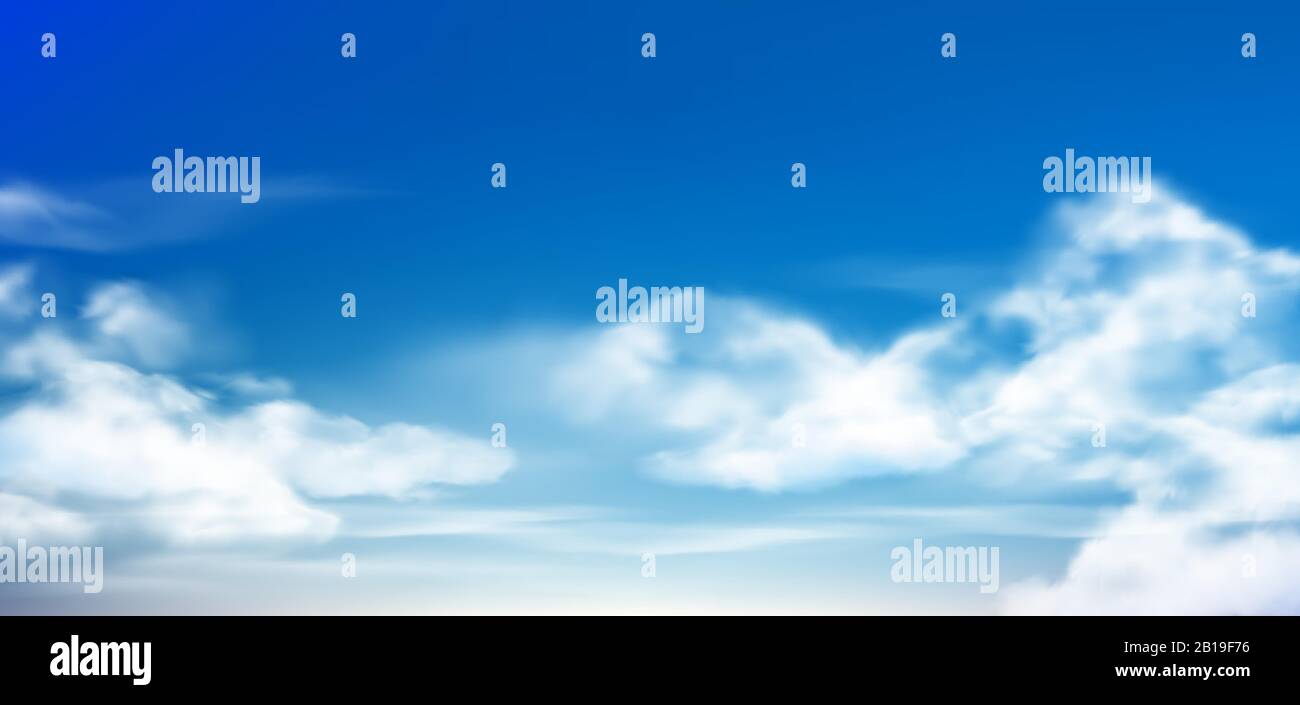 Cloud in blue sky. Fluffy clouds in cloudy daytime skies. Realistic white clouds vector background illustration Stock Vector