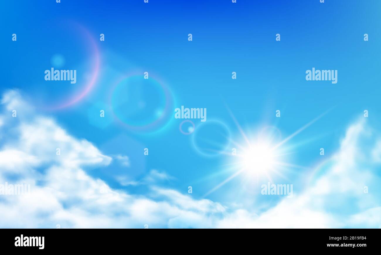 Cloudy sky. Daytime bright sun, sunny day clouds and realistic cloud in blue sky realistic vector background illustration Stock Vector