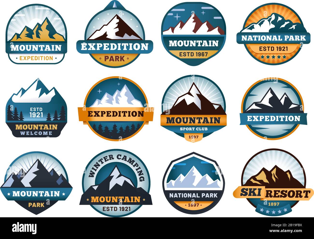 Mountain labels. Hiking emblems, mountains emblem badges and outdoors hill travel label vector set Stock Vector