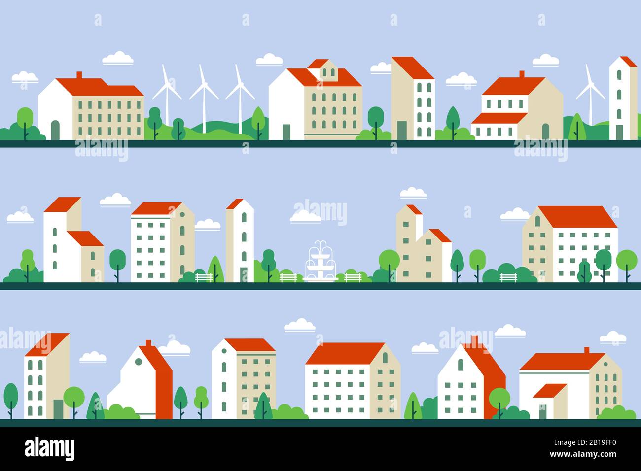 Minimal city panorama. Townhouses buildings, townscape and cityscape building geometric style flat vector illustration set Stock Vector