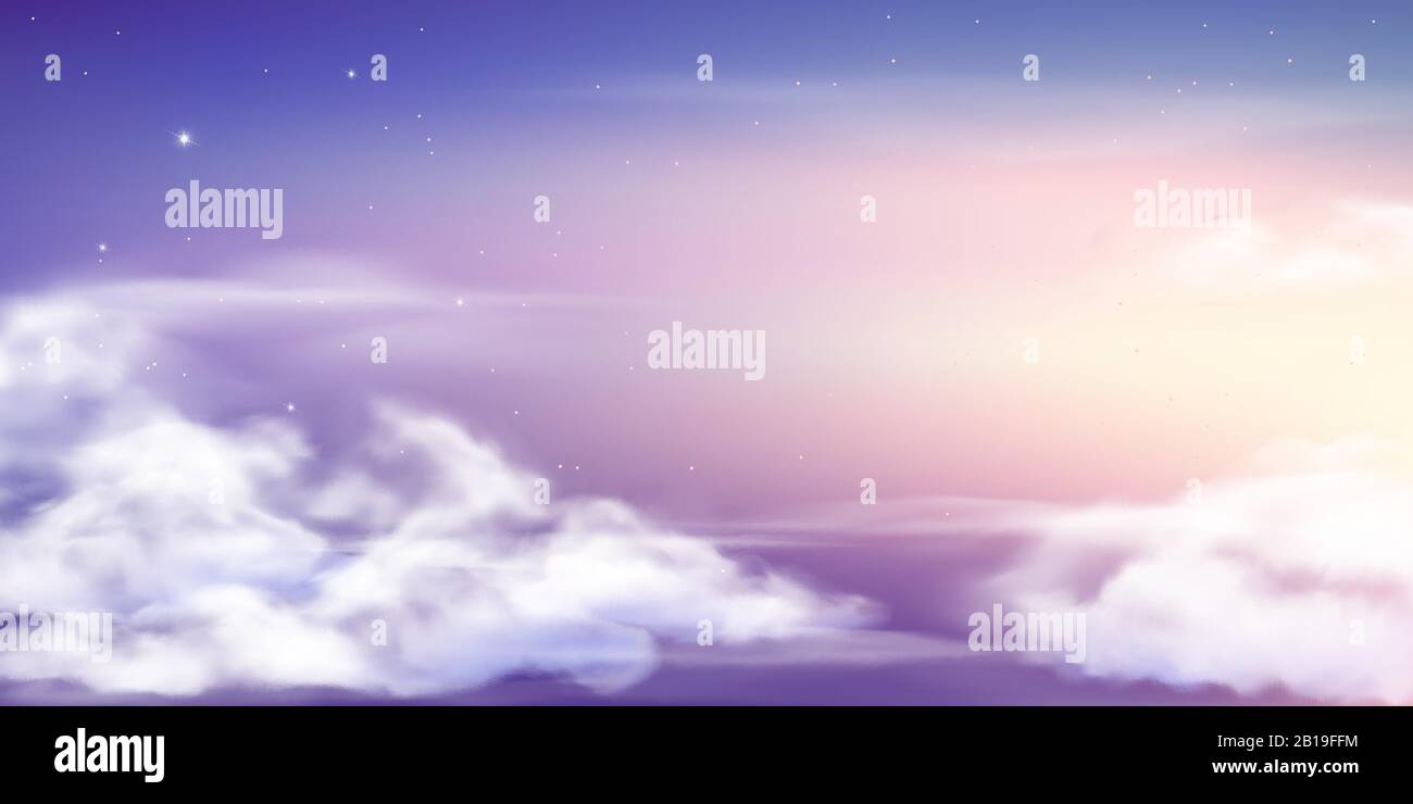 Fantasy sky. Beautiful fairy skies, fantastic dream clouds and fabulous cloudy sky pastel colors vector background illustration Stock Vector