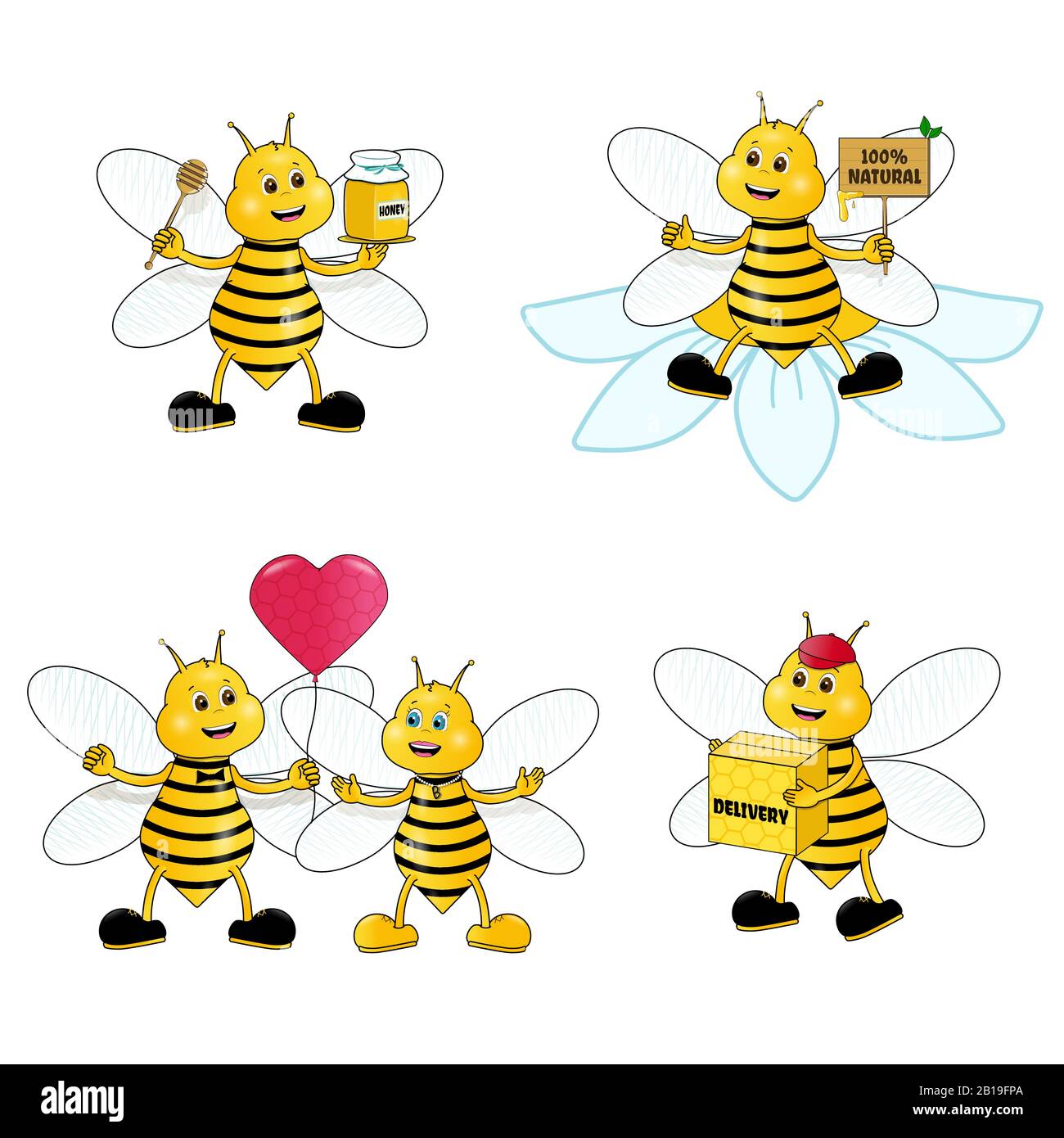 Cartoon cute bee mascot set vector character Stock Vector