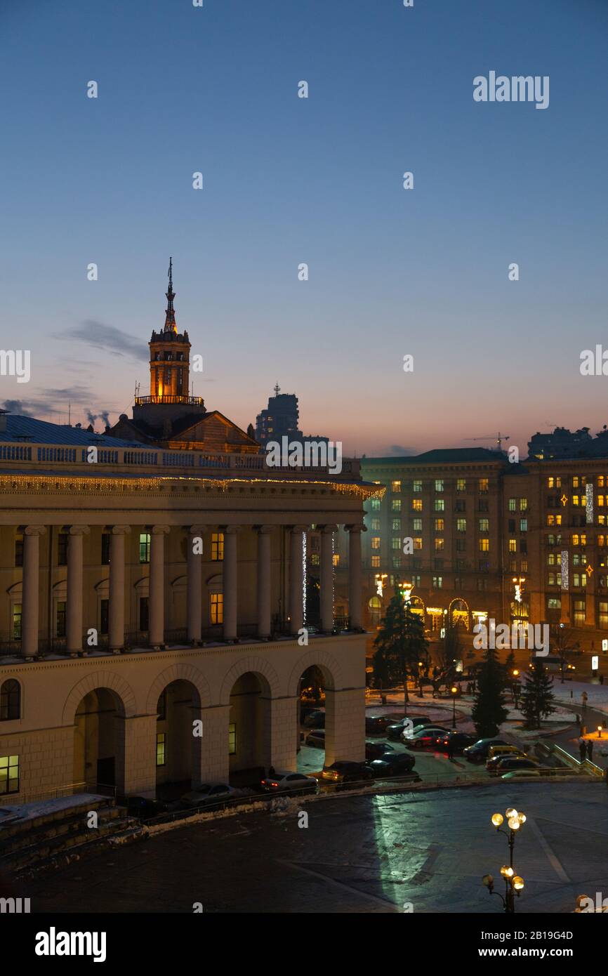 2017-01-18 Kyiv, Ukraine. Central square of Kiev, Independence Square, evening view Stock Photo