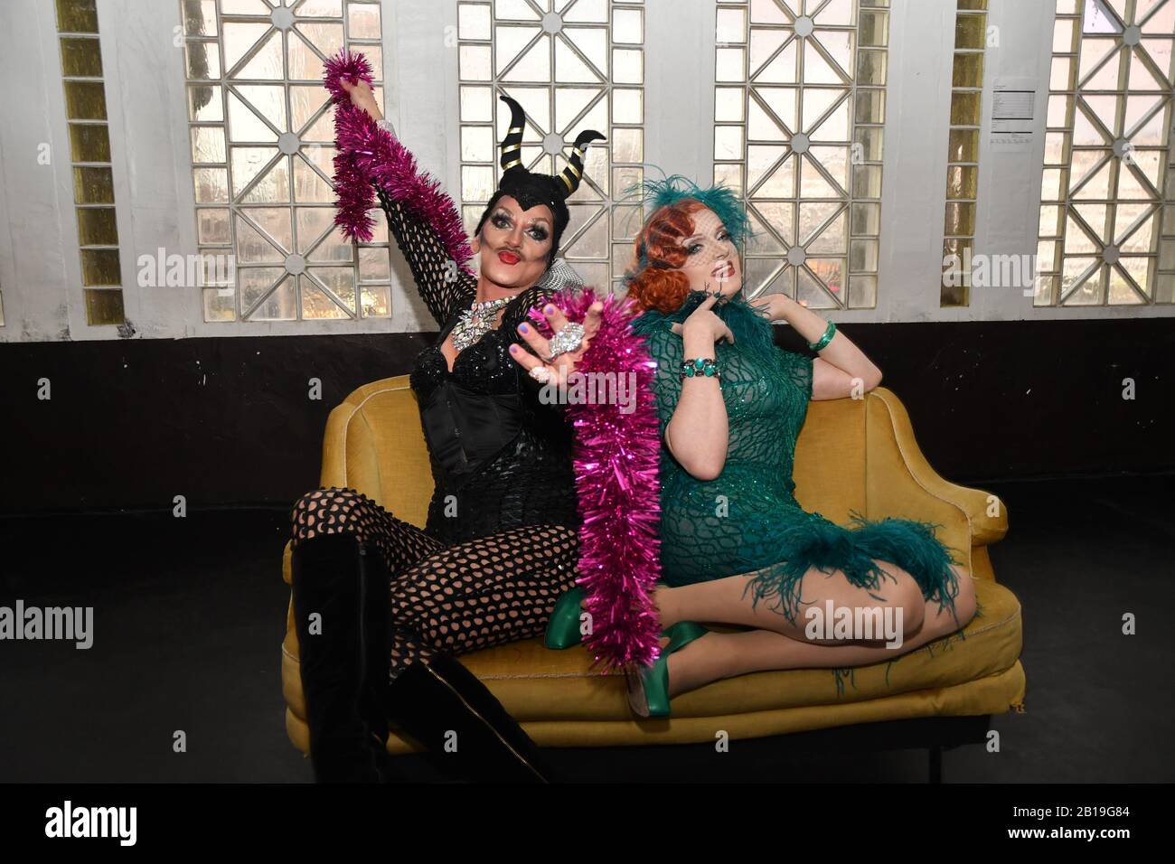 17 February 2020, Berlin, Schöneberg The Berlin burlesque icon Sheila Wolf (right) and drag