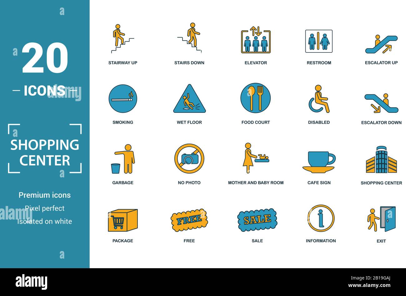 Shopping Center Icons icon set. Include creative elements stairway up, elevator, smoking, disabled, garbage icons. Can be used for report Stock Vector