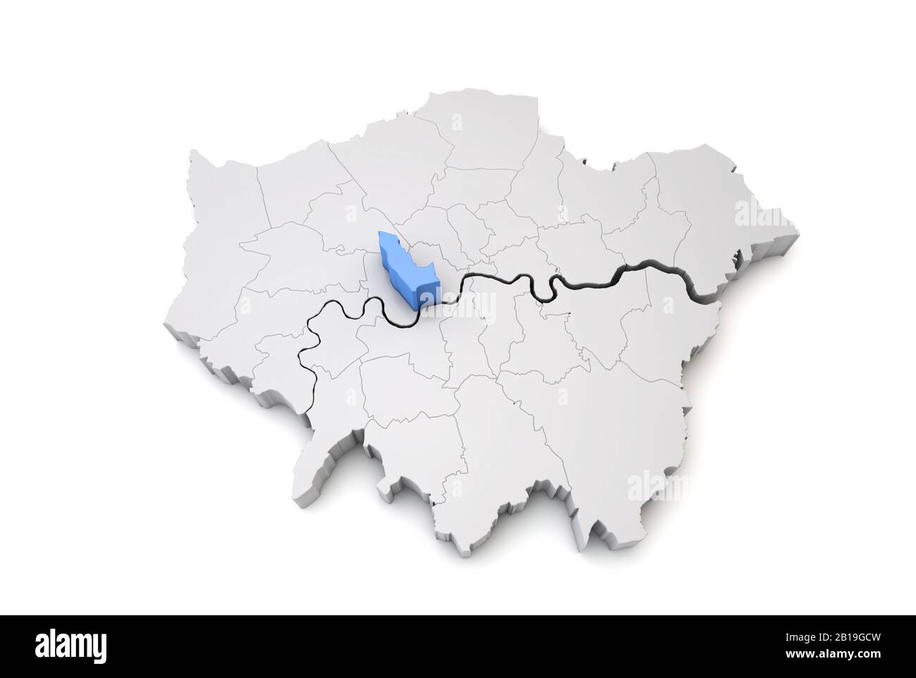 Greater London map showing Kensington and Chealsea borough in blue. 3D Rendering Stock Photo