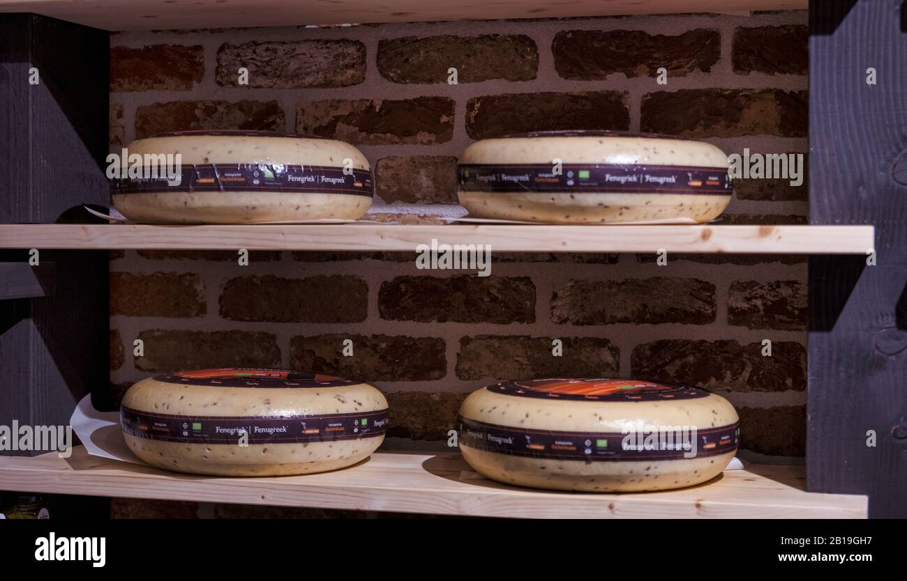 Ouddorp,Holland,18-feb-2020:Dutch shop of a local goat farm with dutch cheese for sale, this is a touristic attraction for a lot of germans during holiday visit Stock Photo