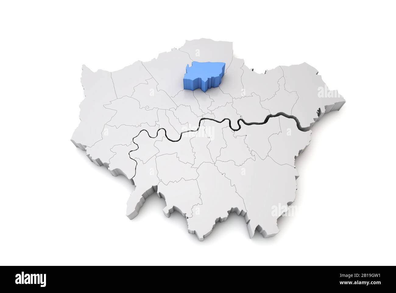 Greater London map showing Haringey borough in blue. 3D Rendering Stock Photo