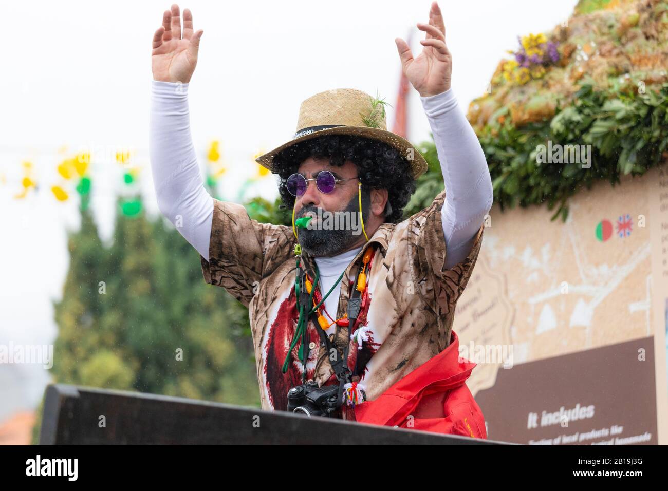 SANTANA, PORTUGAL - FEBRUARY 2020: Participants of the 'Festa dos Compadres' dancing in the parade in Santana, Madeira island, Portugal. Stock Photo