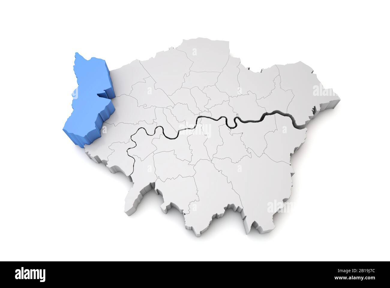 Greater London map showing Hillingdon borough in blue. 3D Rendering Stock Photo