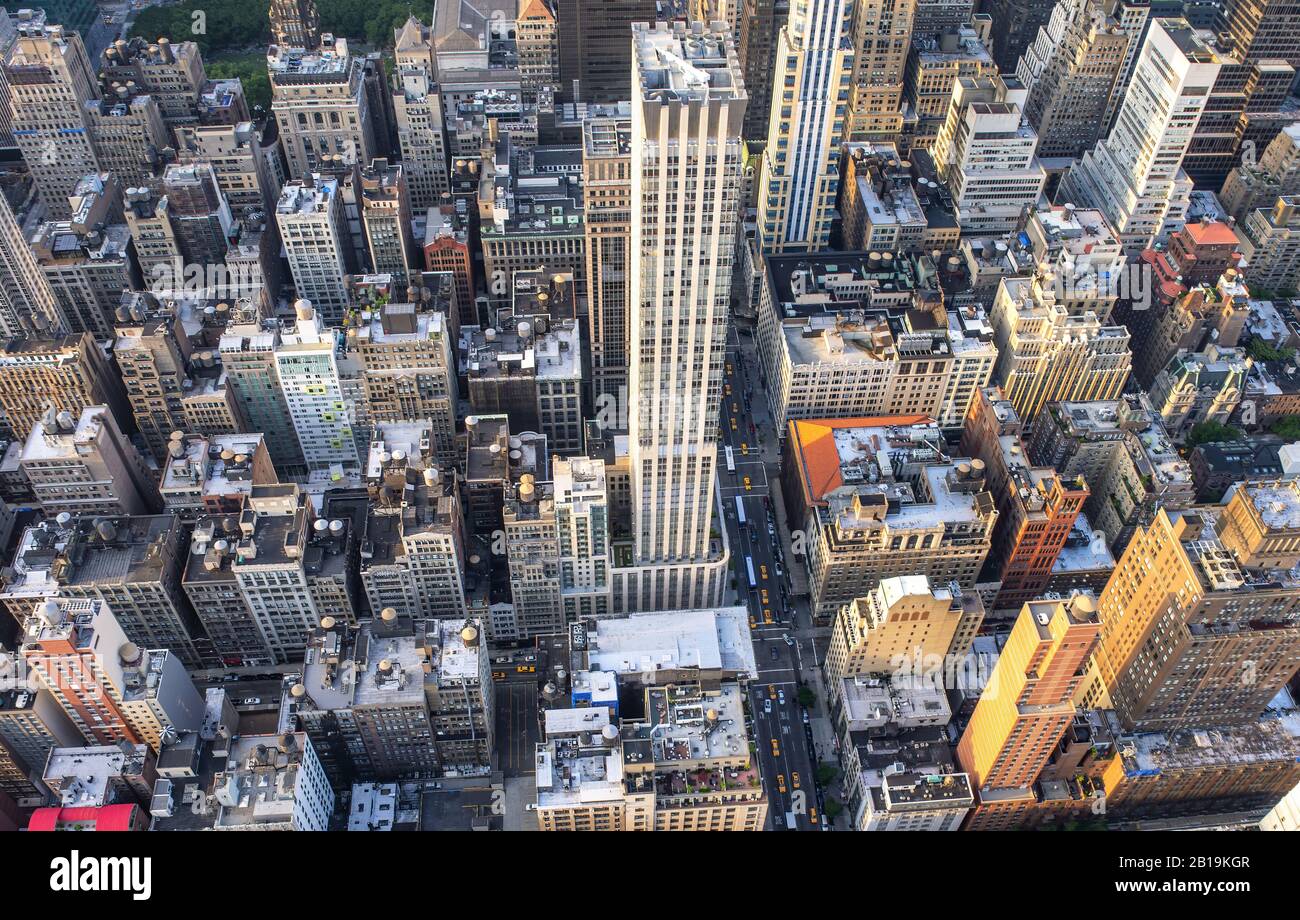 New York City, USA. Sunset aerial view of Midtown Manhattan skyscrapers ...