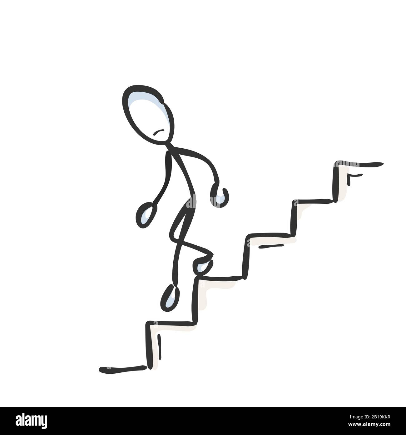 Going down the stairs. Unsuccessful sad man. Descend staircase. Hand drawn. Stickman cartoon. Doodle sketch, Vector graphic illustration Stock Vector