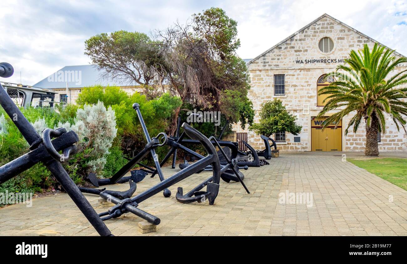 Large anchors outside the WA Shipwrecks Museum housed in convict built limestone buildings in Fremantle Western Australia. Stock Photo