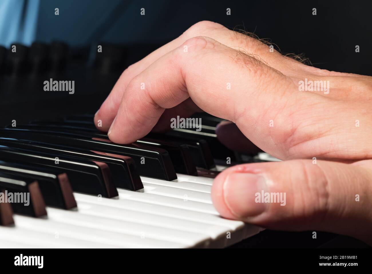 Hand on a piano or synthesizer keyboard pressing keys or notes to make music. Musician playing notes on a synthesiser keyboard. Stock Photo