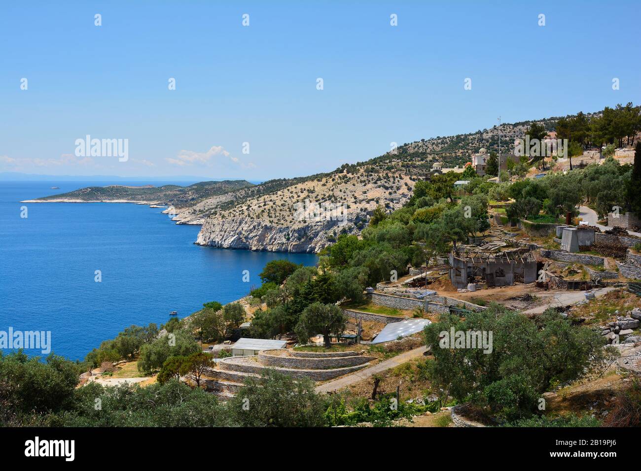 Greece, Thassos Island, monastery Archangelou on Aegean sea Stock Photo