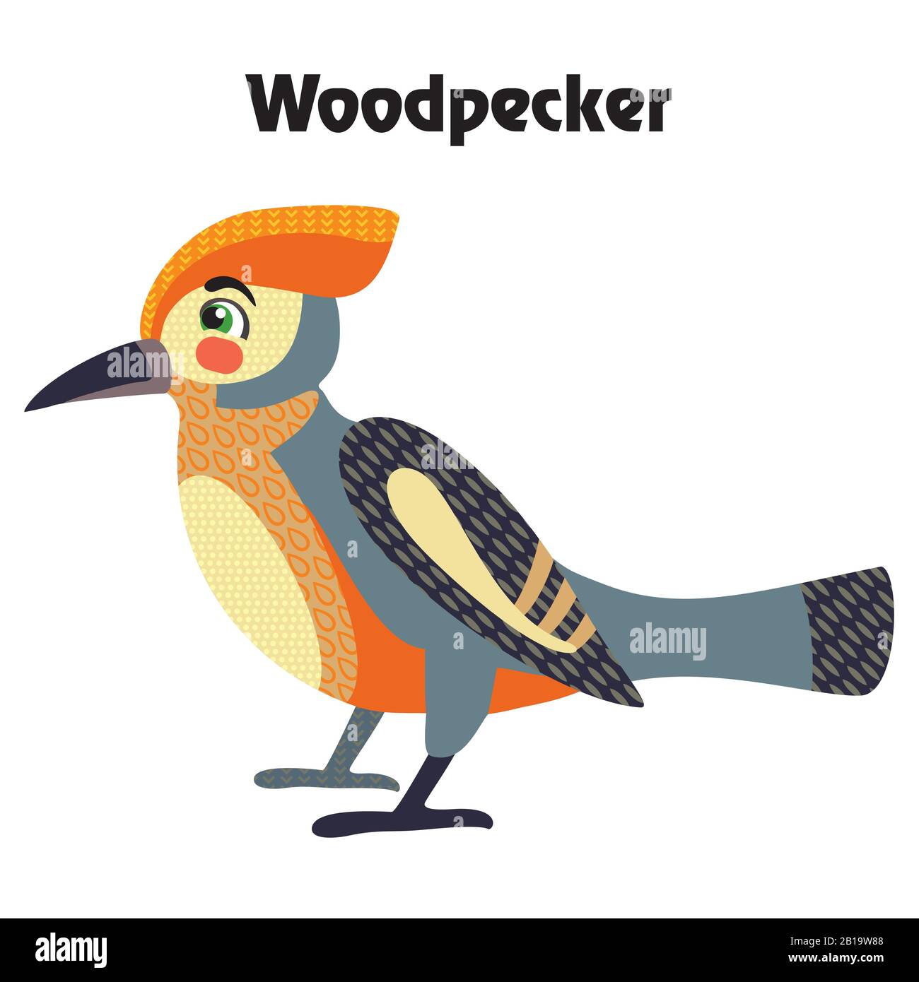 Colorful decorative outline cute woodpecker bird sitting in profile. Wild animals and birds vector cartoon characters flat illustration in different c Stock Vector