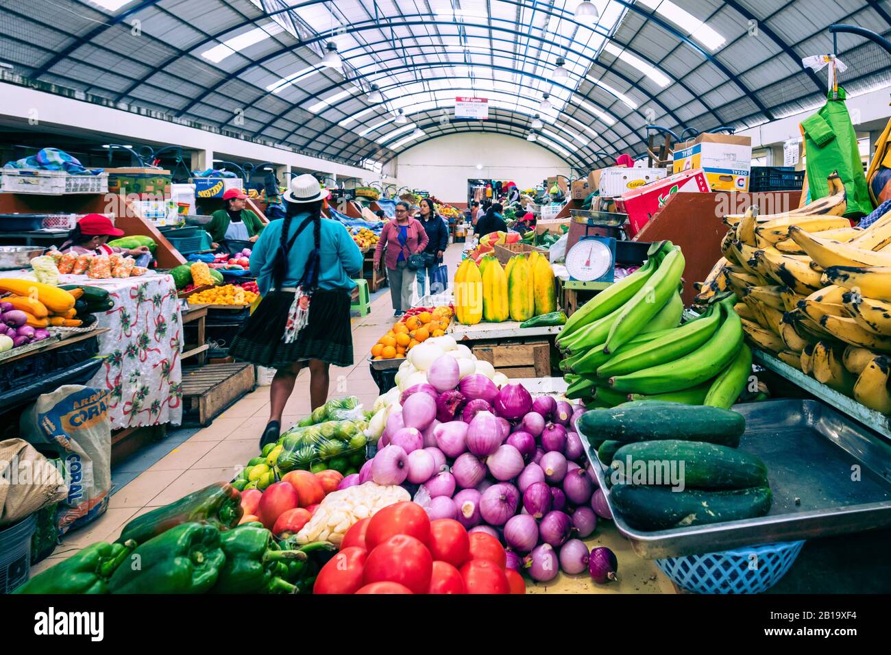 Traditional ecuadorian food market selling agricultural products and other food items in Cuenca, Ecuador, South America. - Stock Image