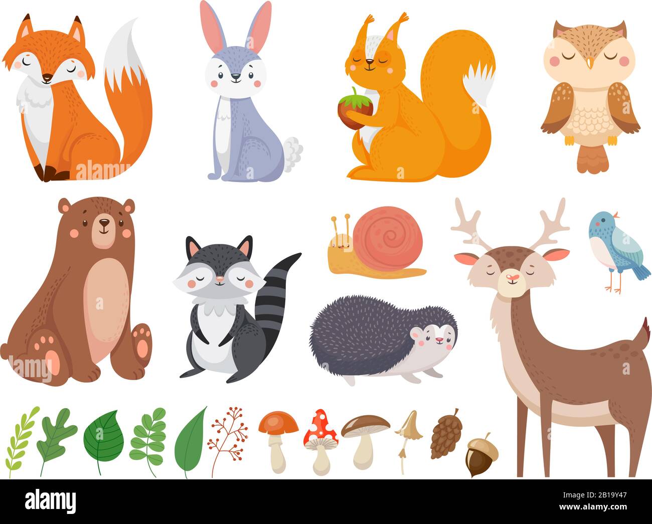 Cute woodland animals. Wild animal, forest flora and fauna elements isolated cartoon vector illustration set Stock Vector