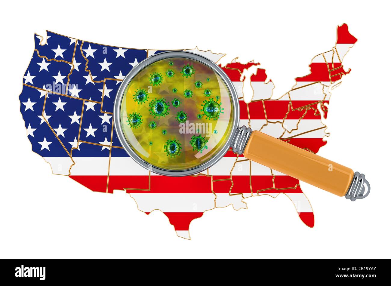 United States map with coronavirus under magnifier, 3D rendering isolated on white background Stock Photo