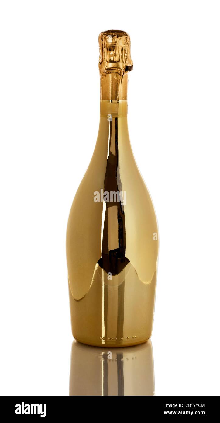 Happy New Year with a Golden champagne bottle isolated on white ...