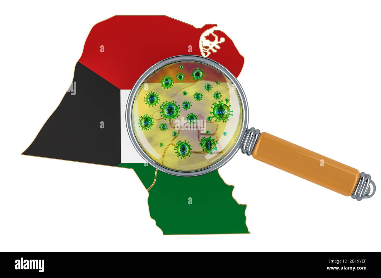 Kuwait map with coronavirus under magnifier, 3D rendering isolated on