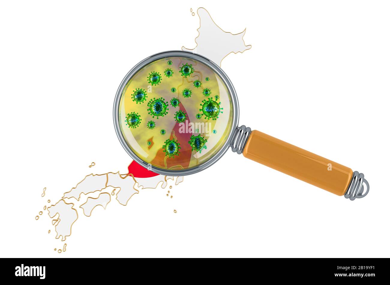 Japanese map with coronavirus under magnifier, 3D rendering isolated on white background Stock Photo