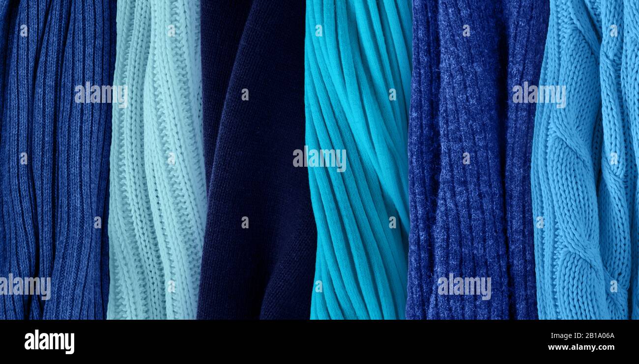 Best colors matching for classic blue. Fashion color trends for year 2020. Knitted clothes fabric samples.  Сombination with skyey, black,turquoise,aq Stock Photo