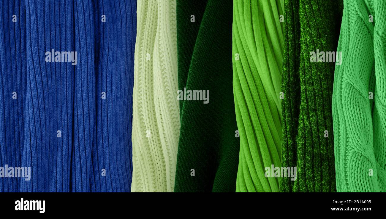 Best warm green colors matching for classic blue. Fashion color trends for year 2020. Knitted clothes fabric samples. Stock Photo