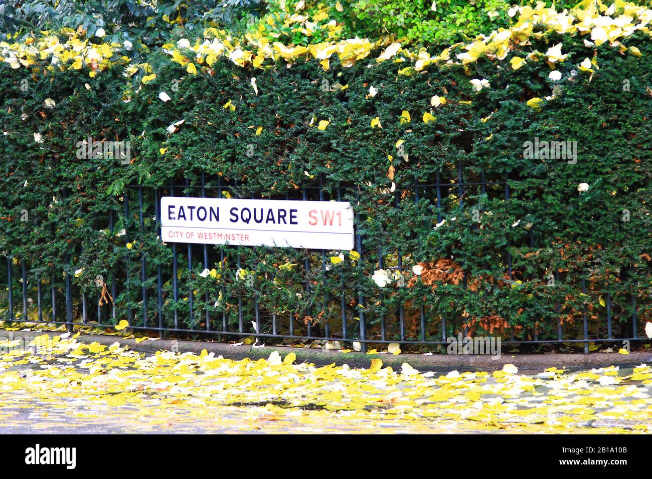 Eaton Square London, UK. Eaton Square SW1 .Street sign in a prestigious area of central London. High property prices. Up market properties. Eaton Square is sometimes associated with Eton college but the college is not located In Eaton Square . Eaton square is located in Belgravia, London. Prestigious address. High property prices. Green city. Stock Photo
