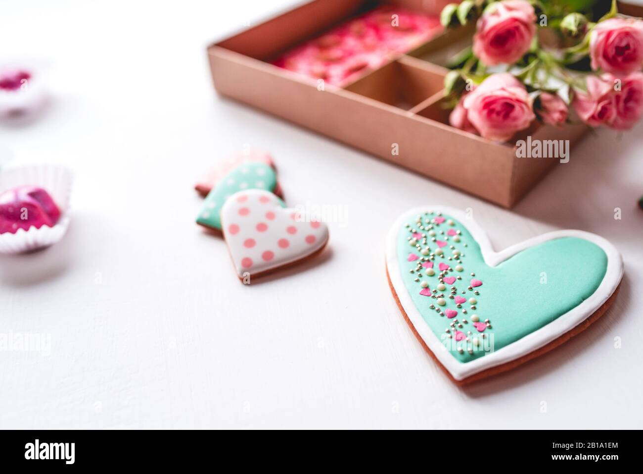 Gift set with hand made sweets in a box on a white table. Stock Photo