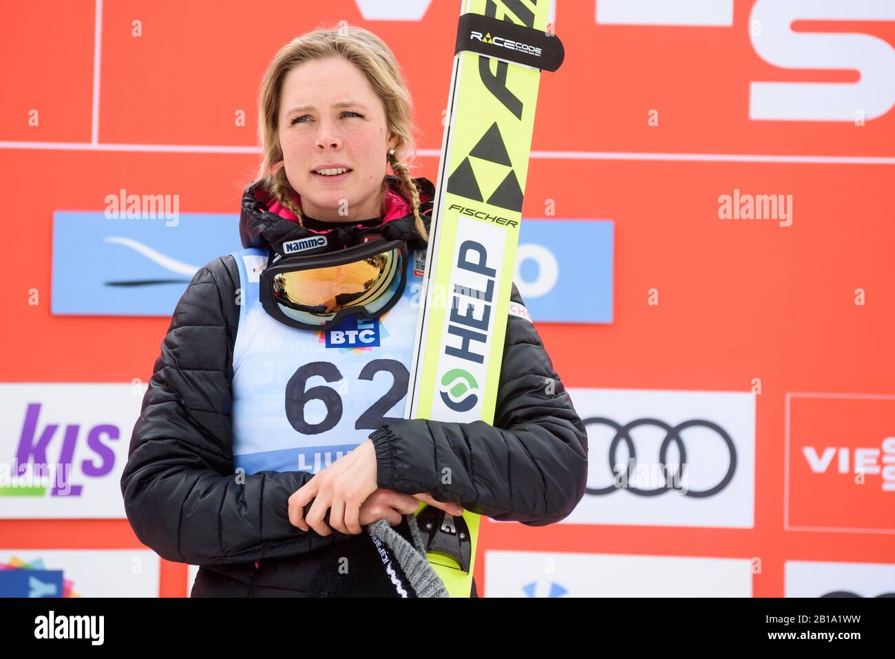 Maren Lundby of Norway celebrates her victory at the FIS Ski Jumping World Cup Ljubno 2020  February 23, 2020  in Ljubno, Slovenia. (Photo by Rok Rakun/Pacific Press/Sipa USA) Stock Photo