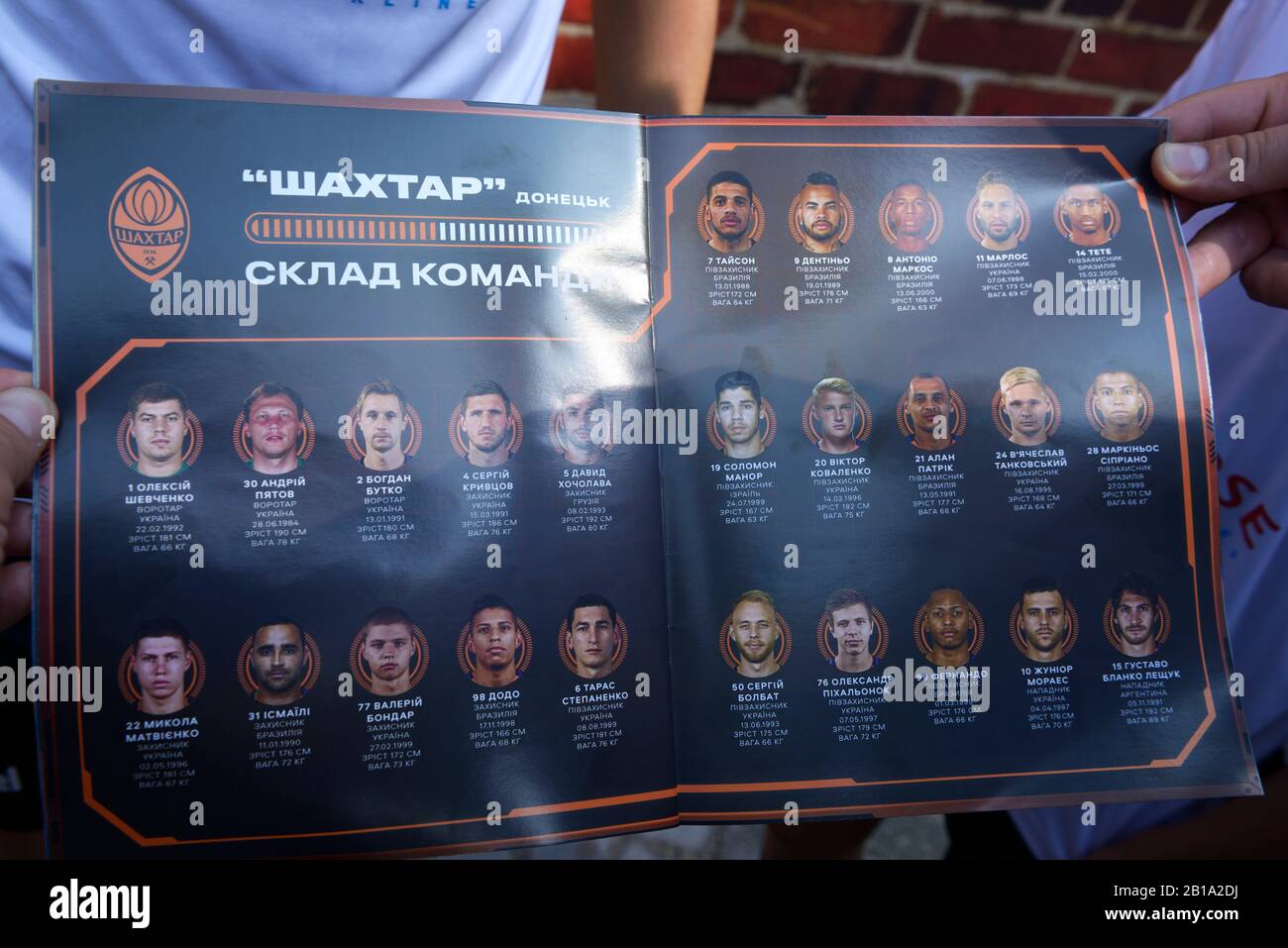 Booklet with names and pictures of football players of Shakhtar soccer first team. August 5, 2019. Kiev, Ukraine Stock Photo