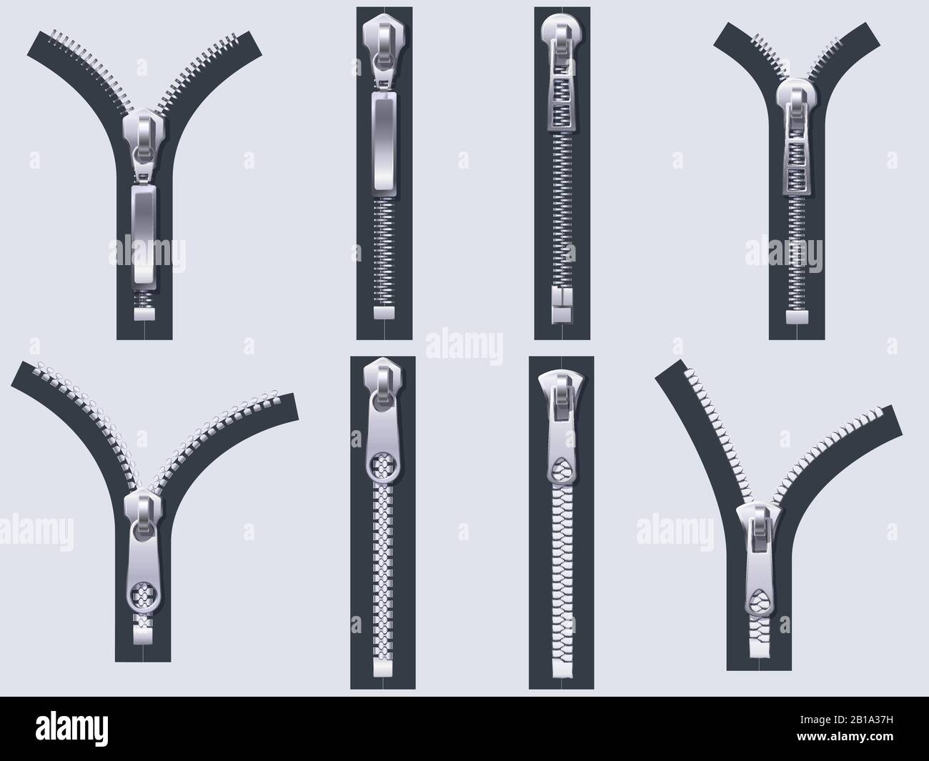 Open and closed zipper. Metal zip pulls, fabric unzip clasp and cloth