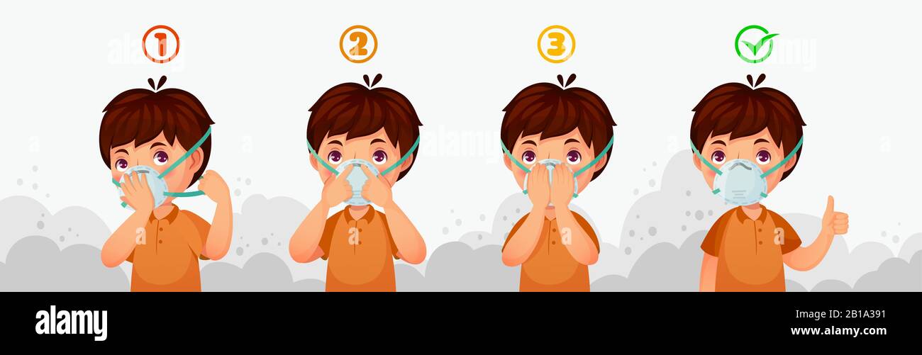Mask N95 instruction. Child air pollution protection, dust protective safety breathing masks and PM2.5 defence vector illustration Stock Vector