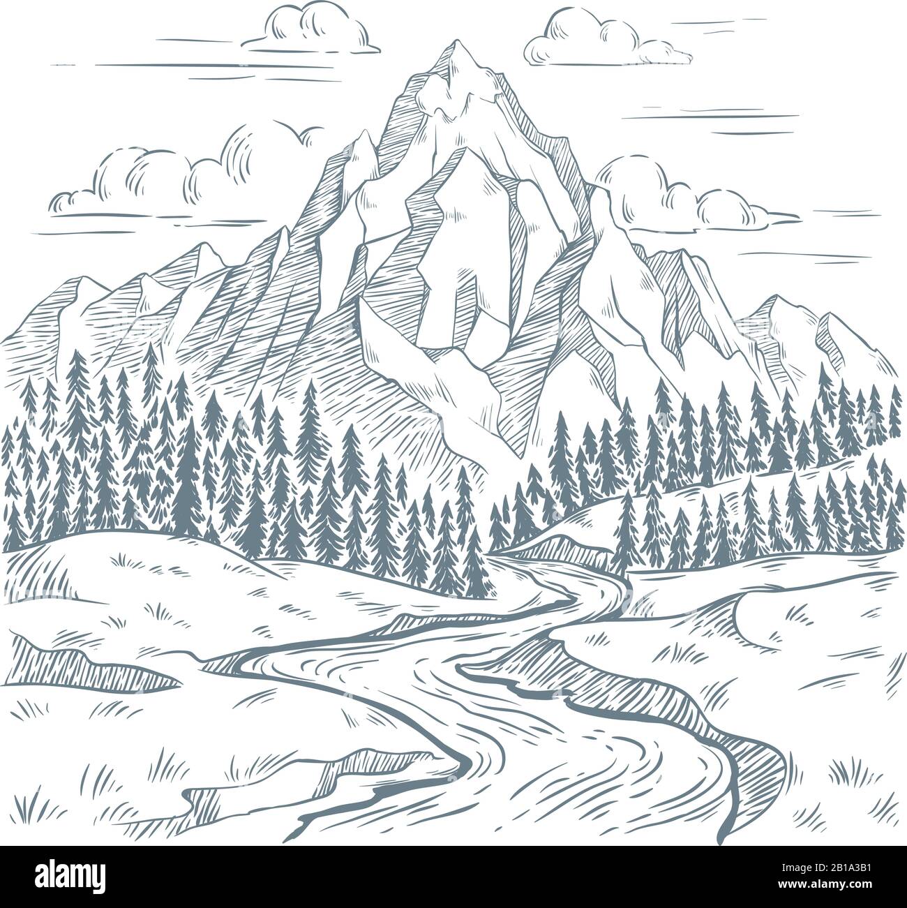Mountains river engraving. Outdoors travel, mountain adventures and snake rivers vintage hand drawn landscape vector illustration Stock Vector