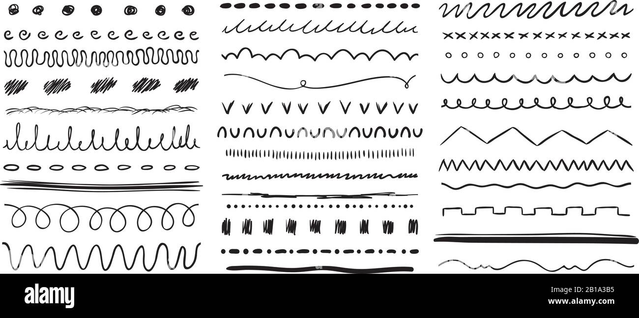 Hand drawn line. Ink pen drawing lines, underline brush and pencil strokes brushes vector elements set Stock Vector