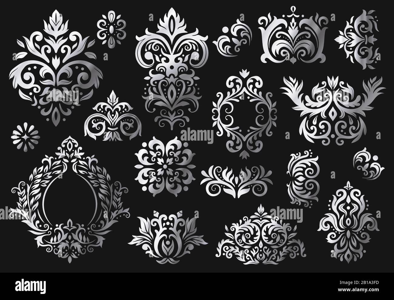 Vintage baroque ornament. Ornate floral sprigs pattern, luxury damask ornaments and victorian twill damasks patterns vector set Stock Vector