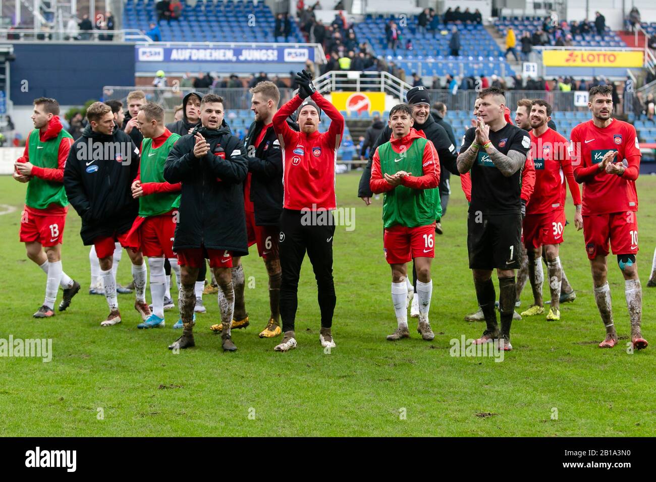 Kiel, Germany. 22nd Feb, 2020. Football: 2nd Bundesliga, Holstein Kiel - 1st FC Heidenheim, 23rd matchday. The Heidenheim players celebrate after their victory in Kiel. Credit: Frank Molter/dpa - IMPORTANT NOTE: In accordance with the regulations of the DFL Deutsche Fußball Liga and the DFB Deutscher Fußball-Bund, it is prohibited to exploit or have exploited in the stadium and/or from the game taken photographs in the form of sequence images and/or video-like photo series./dpa/Alamy Live News Stock Photo
