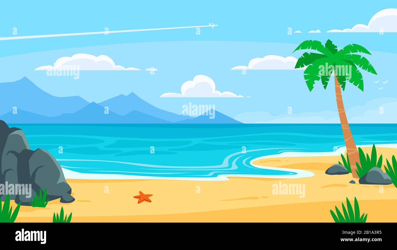 Summer beach background. Sandy seashore, sea coast with palm tree and vocation seaside travel vector cartoon backdrop illustration Stock Vector