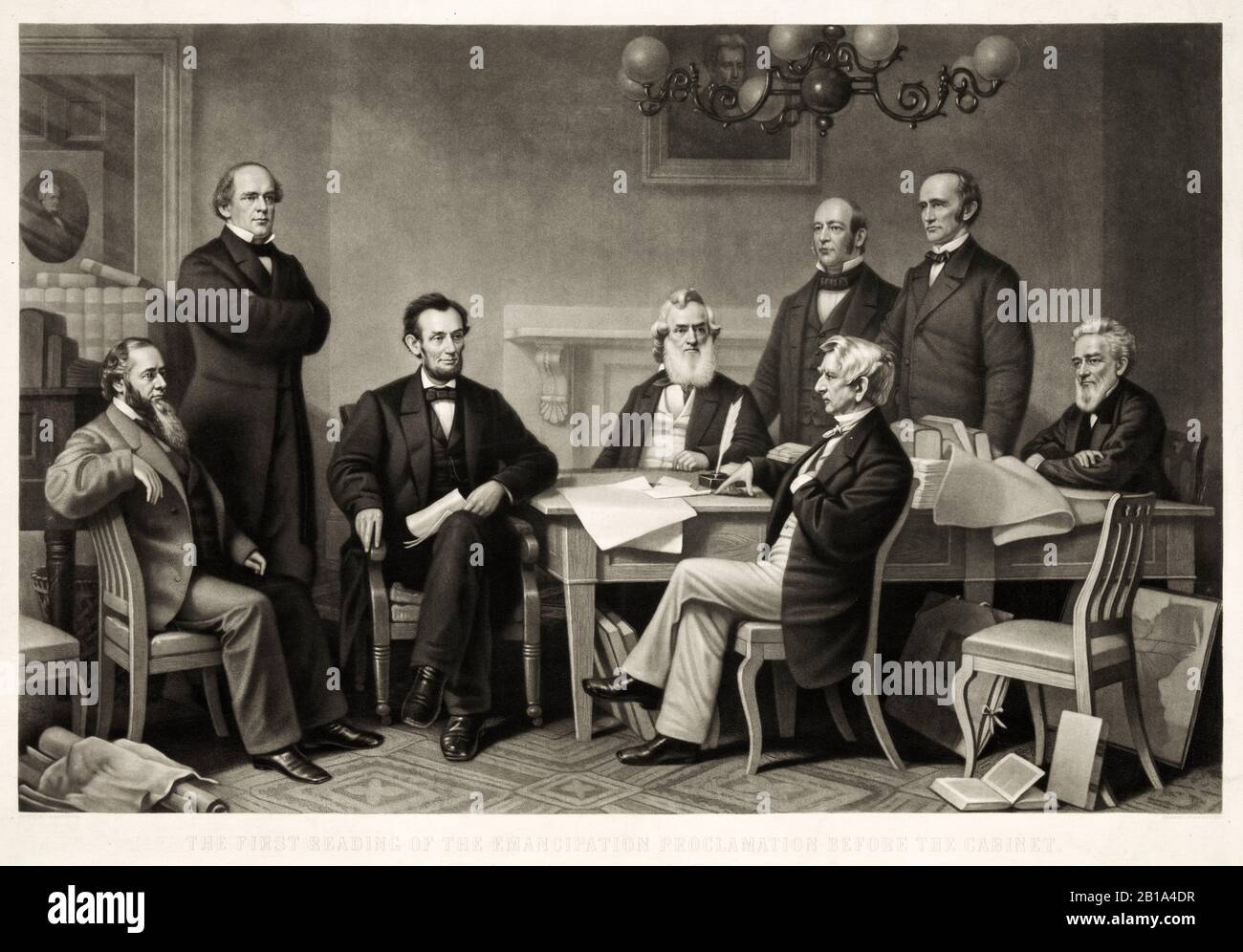 The First Reading of the Emancipation Proclamation Before the Cabinet of Abraham Lincoln on July 22nd 1862, print by Alexander Hay Ritchie, Copy after Francis Bicknell Carpenter, 1866 Stock Photo