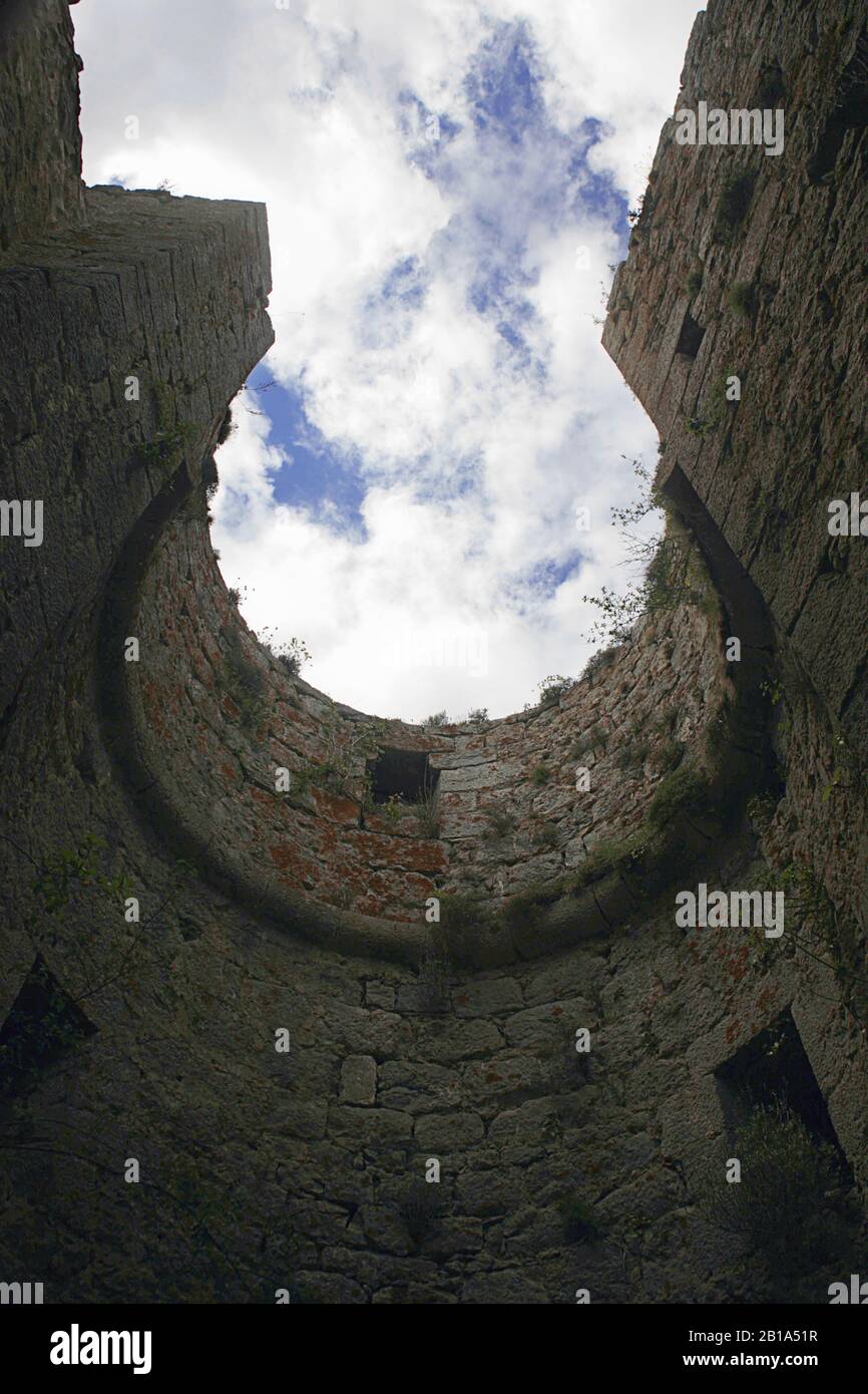 Within the roofless White Lady's Tower (Tour de la Dame Blanche), Château de Puilaurens, Aude, Occitanie, France Stock Photo