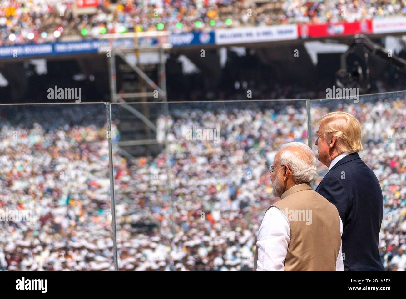 Ahmedabad, India. 24th Feb, 2020. U.S. President Donald Trump and Indian Prime Minister Narendra Modi stand during the national anthems during the Namaste Trump Rally at the Motera Stadium February 24, 2020 in Ahmedabad, Gujarat, India. Credit: Shealah Craighead/White House Photo/Alamy Live News Stock Photo