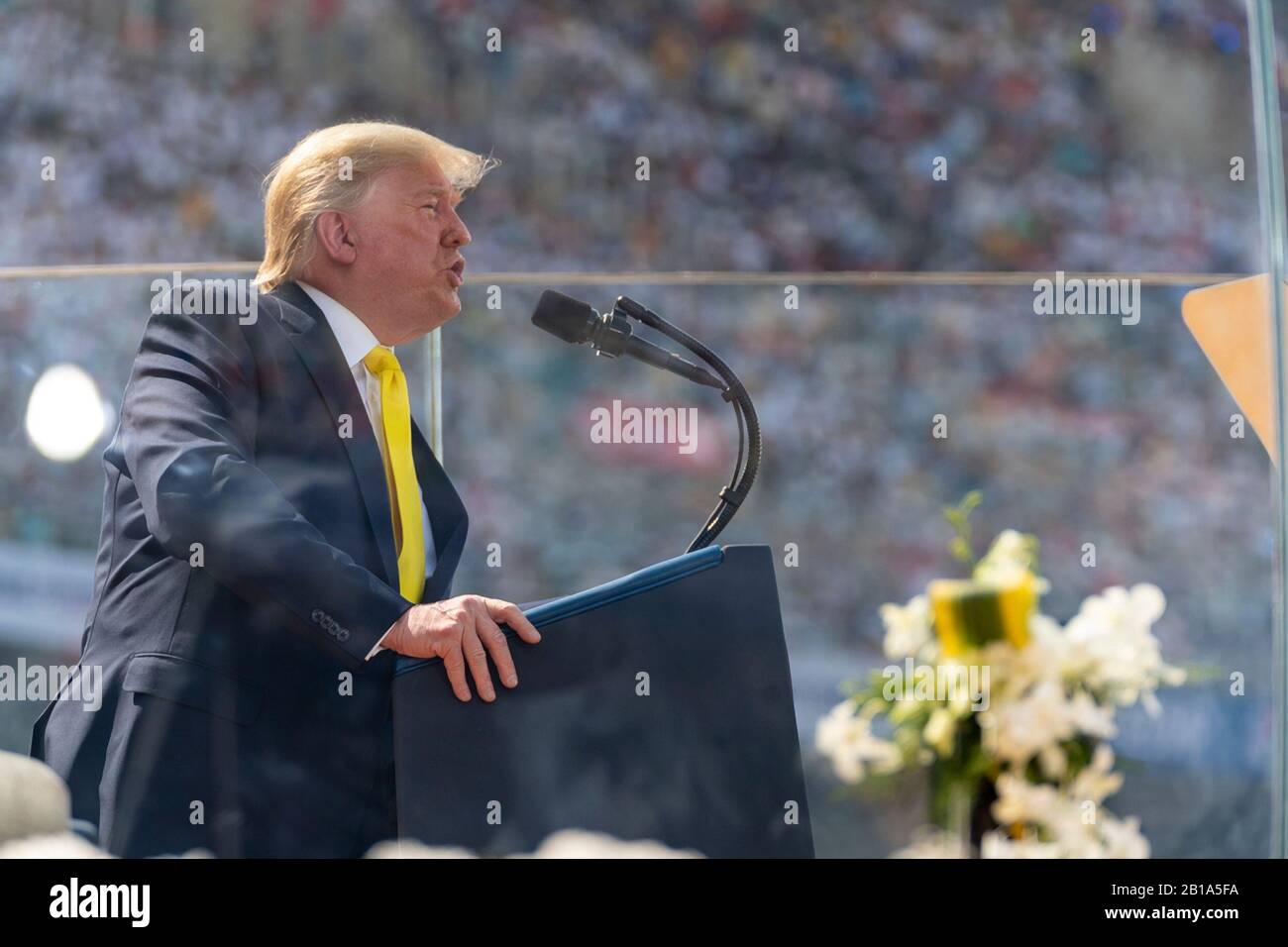 Ahmedabad, India. 24th Feb, 2020. U.S. President Donald Trump delivers remarks remarks at the Namaste Trump Rally held by Indian Prime Minister Narendra Modi at the Motera Stadium February 24, 2020 in Ahmedabad, Gujarat, India. Credit: Shealah Craighead/White House Photo/Alamy Live News Stock Photo