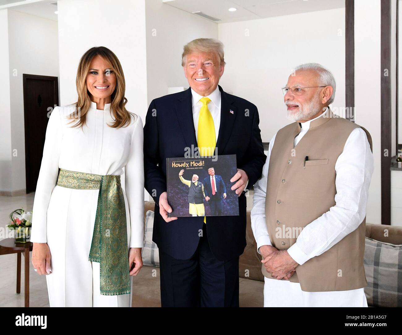 Ahmedabad, India. 24th Feb, 2020. U.S. President Donald Trump and First Lady Melania Trump pose with Indian Prime Minister Narendra Modi on arrival at the Namaste Trump Rally in Motera Stadium February 24, 2020 in Ahmedabad, Gujarat, India. Credit: Shealah Craighead/White House Photo/Alamy Live News Stock Photo